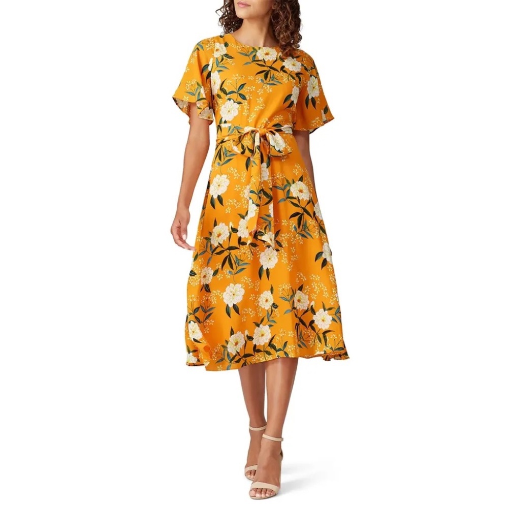 RACHEL Rachel Roy Golden Mustard Floral Tie-Waist Midi Dress